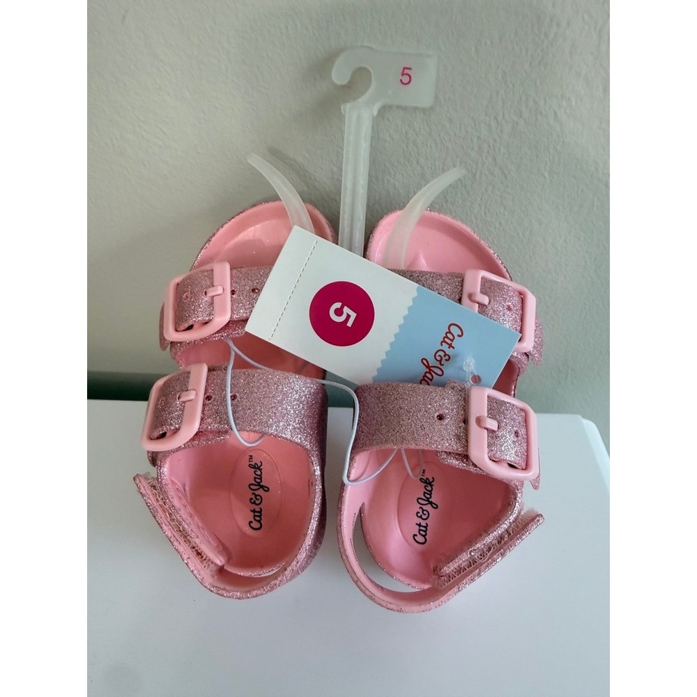 Cat & Jack Glitter Slide Sandals Girls Size 5 Pink Sparkle Buckle NWT